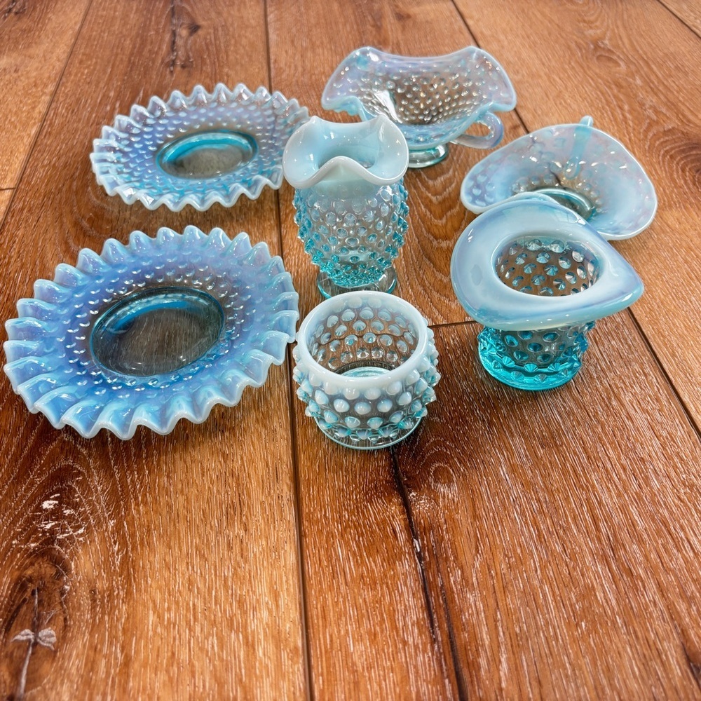 VTG Fenton Blue Opalescent Hobnail 7 pc lot Trinket Candy Dishes Votive Bud Vase - Picture 12 of 16